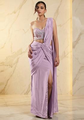 Light Lavender Embroidered Handwork Pre Draped Saree Set