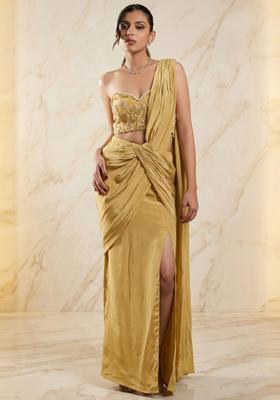 Mustard Embroidered Handwork Pre Draped Saree Set