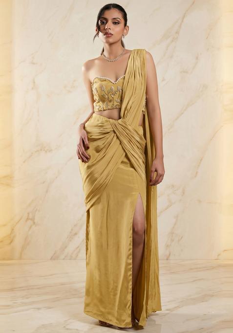 Mustard Embroidered Handwork Pre Draped Saree Set