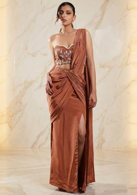 Rust Brown Embroidered Handwork Pre Draped Saree Set