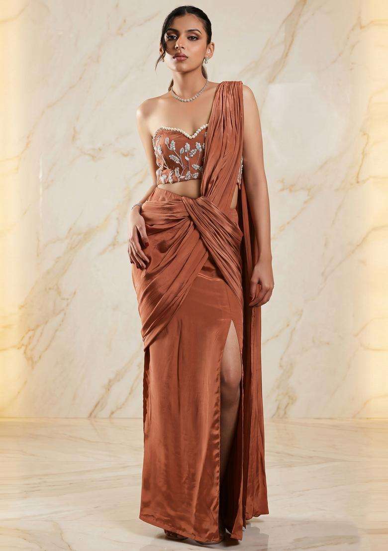 Rust Brown Embroidered Handwork Pre Draped Saree Set - Indya