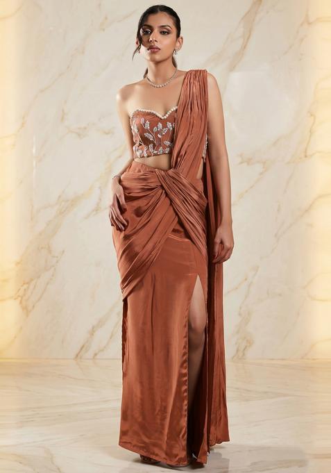 Rust Brown Embroidered Handwork Pre Draped Saree Set