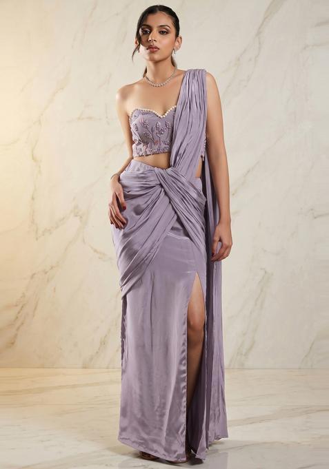 Lilac Embroidered Handwork Pre Draped Saree Set