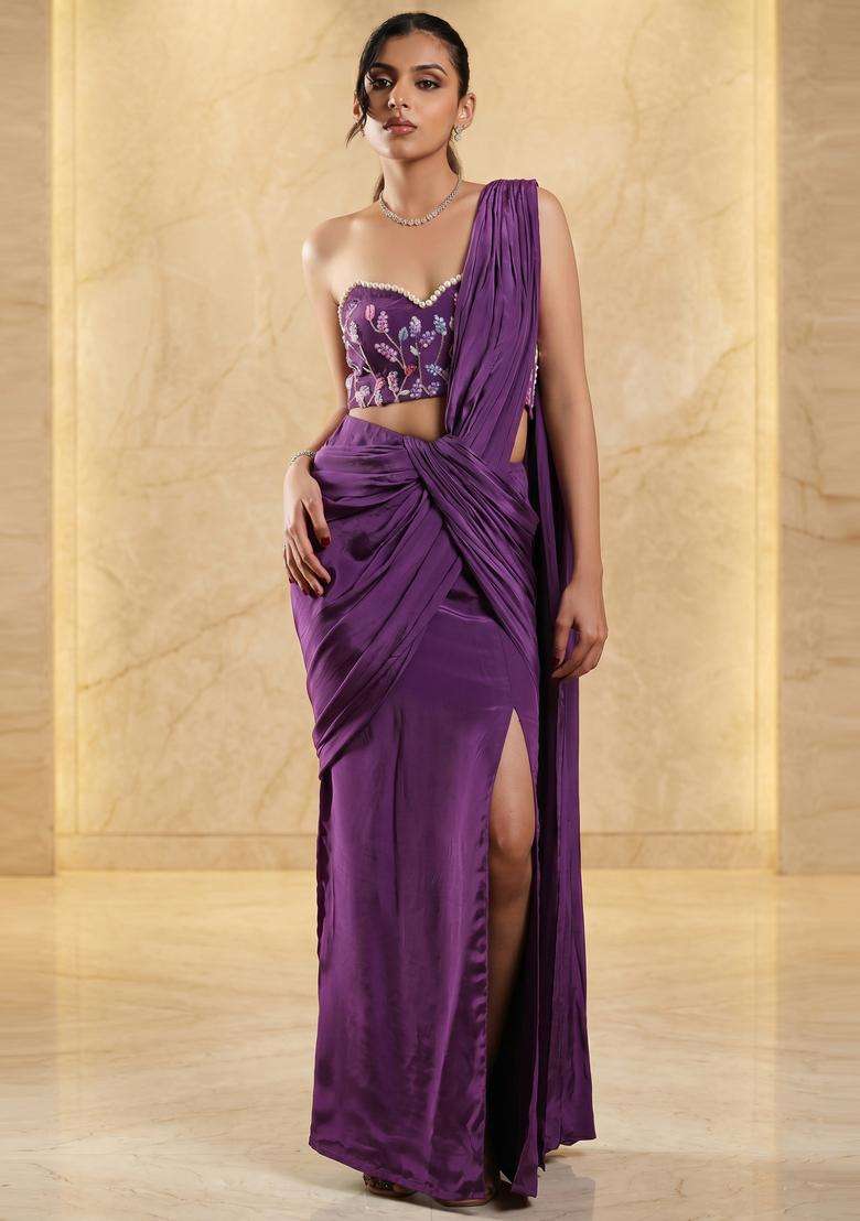 Deep Purple Embroidered Handwork Pre Draped Saree Set - Indya