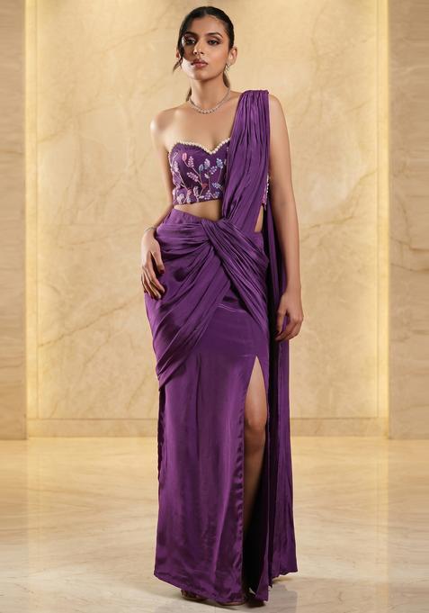 Deep Purple Embroidered Handwork Pre Draped Saree Set