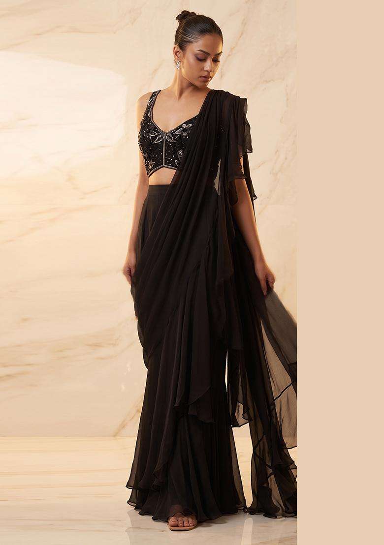 Black Embroidered Handwork Pre Draped Saree Set - Indya