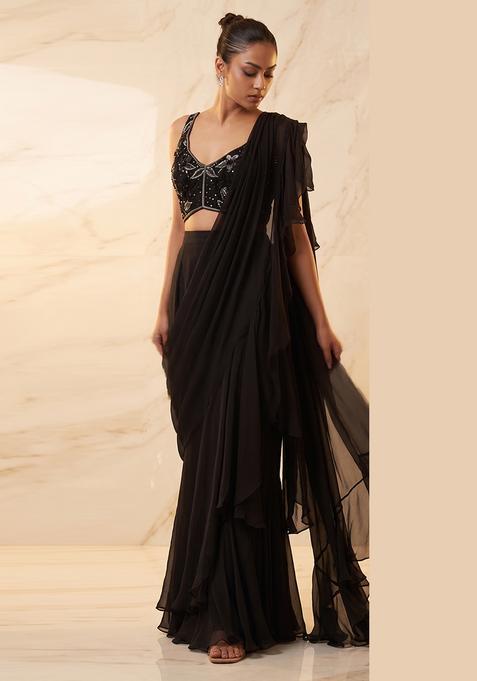Black Embroidered Handwork Pre Draped Saree Set