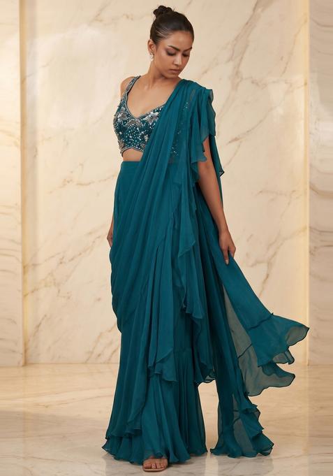 Deep Teal Embroidered Handwork Pre Draped Saree Set