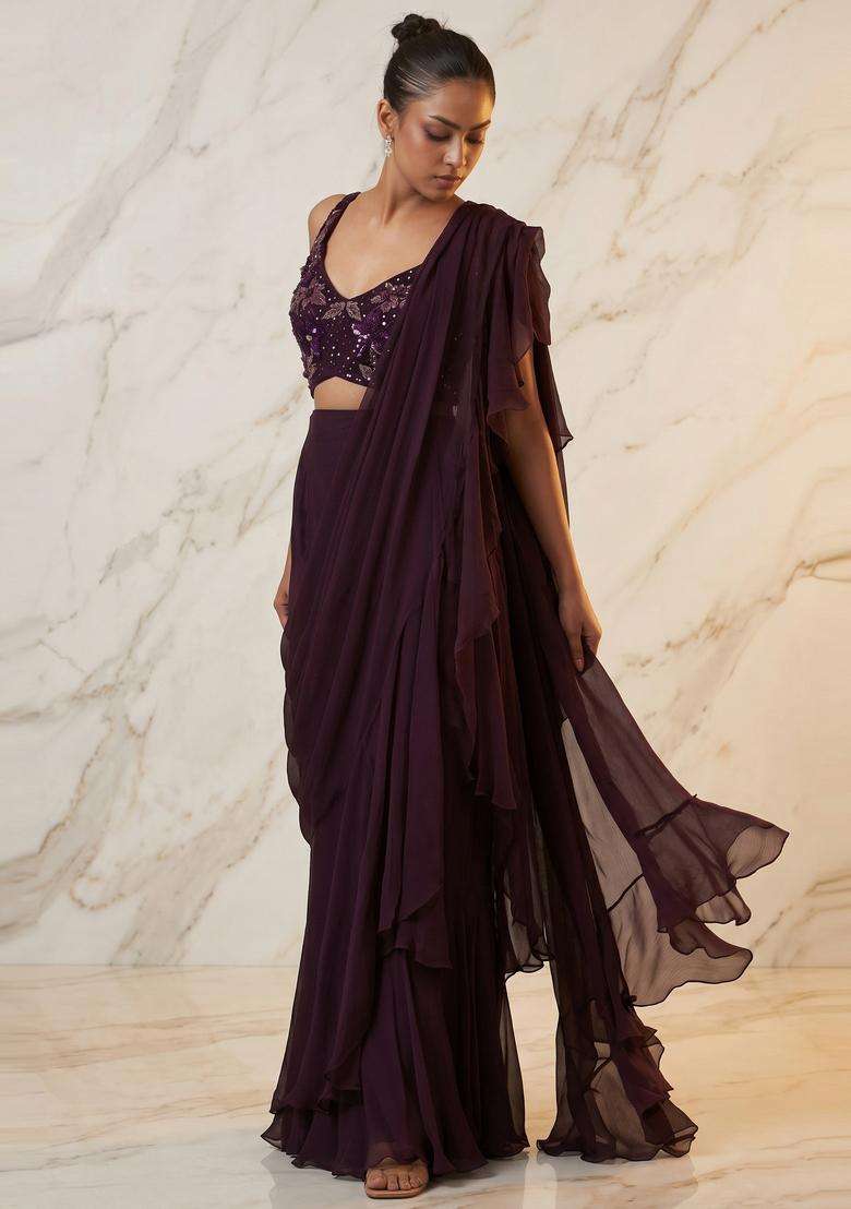Deep Plum Embroidered Handwork Pre Draped Saree Set - Indya