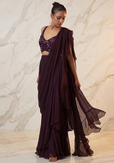 Deep Plum Embroidered Handwork Pre Draped Saree Set