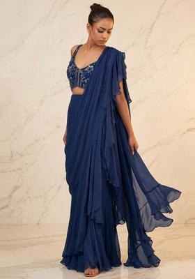 Navy Blue Embroidered Handwork Pre Draped Saree Set