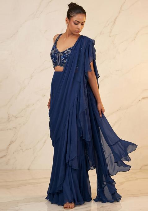 Navy Blue Embroidered Handwork Pre Draped Saree Set