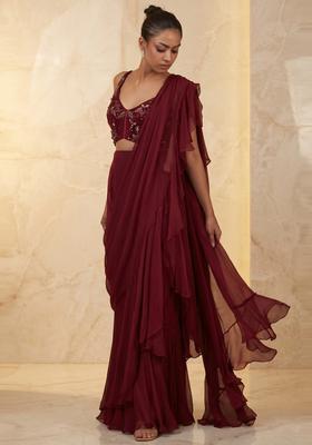 Maroon Embroidered Handwork Pre Draped Saree Set