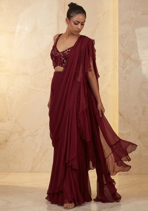 Maroon Embroidered Handwork Pre Draped Saree Set