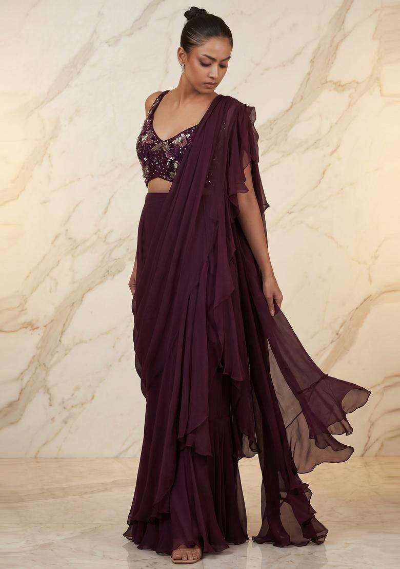Deep Plum Embroidered Handwork Pre Draped Saree Set - Indya