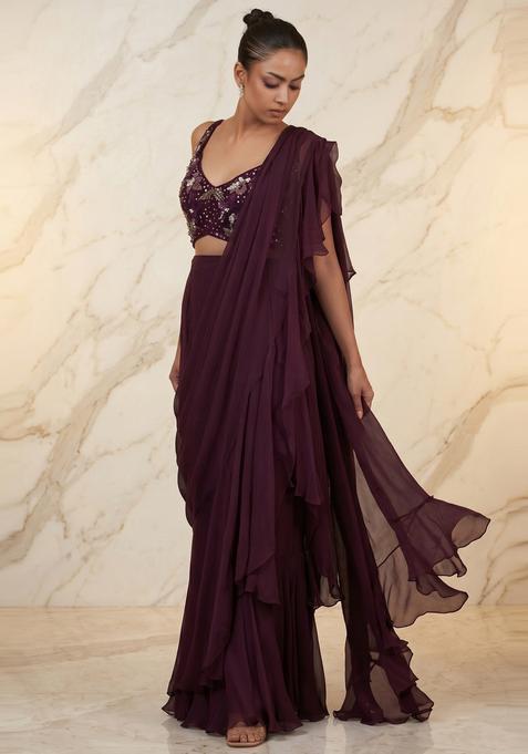 Deep Plum Embroidered Handwork Pre Draped Saree Set