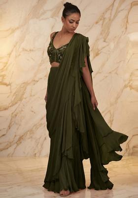 Olive Green Embroidered Handwork Pre Draped Saree Set