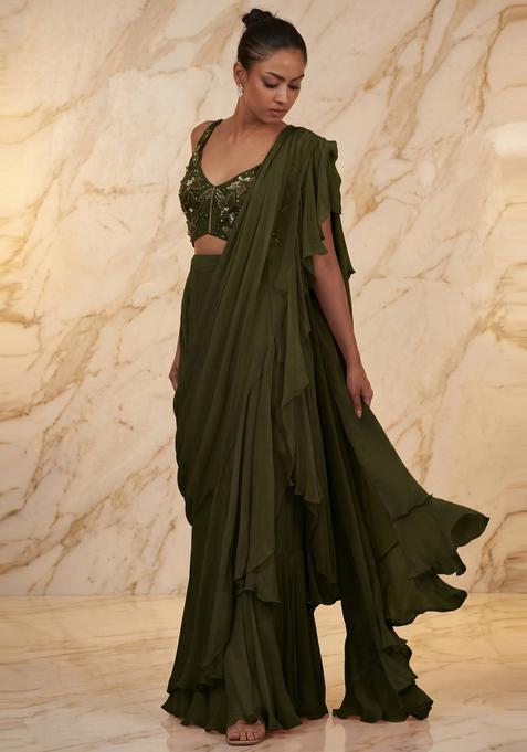 Olive Green Embroidered Handwork Pre Draped Saree Set