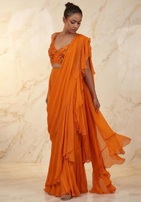 Bright Orange Embroidered Handwork Pre Draped Saree Set