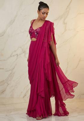 Magenta Embroidered Handwork Pre Draped Saree Set