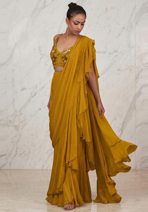 Mustard Embroidered Handwork Pre Draped Saree Set