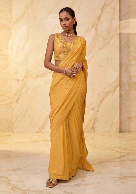 Mustard Embroidered Handwork Pre Draped Saree Set
