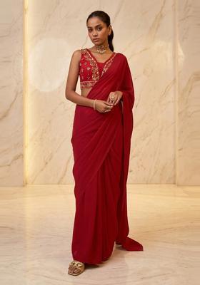 Red Embroidered Handwork Pre Draped Saree Set