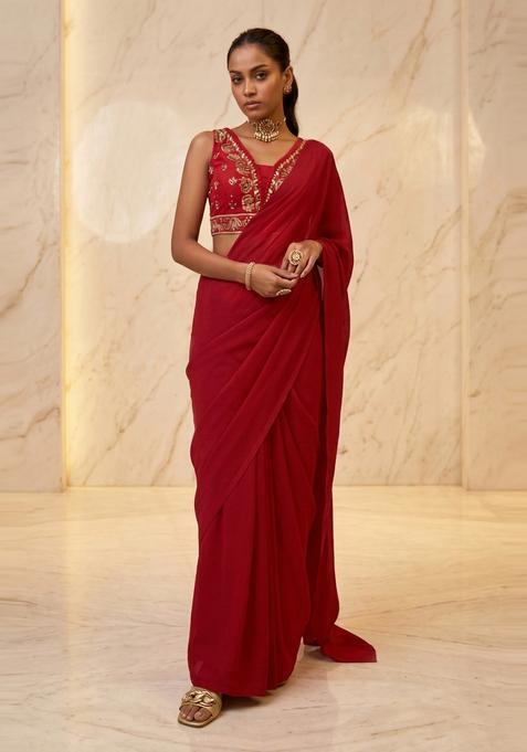 Red Embroidered Handwork Pre Draped Saree Set