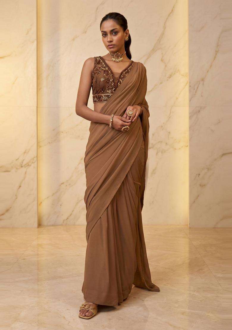 Brown Embroidered Handwork Pre Draped Saree Set - Indya