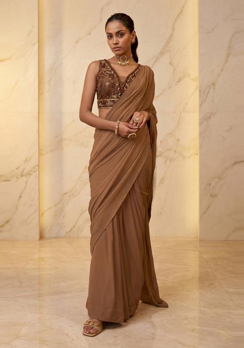 Brown Embroidered Handwork Pre Draped Saree Set