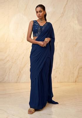 Navy Blue Embroidered Handwork Pre Draped Saree Set
