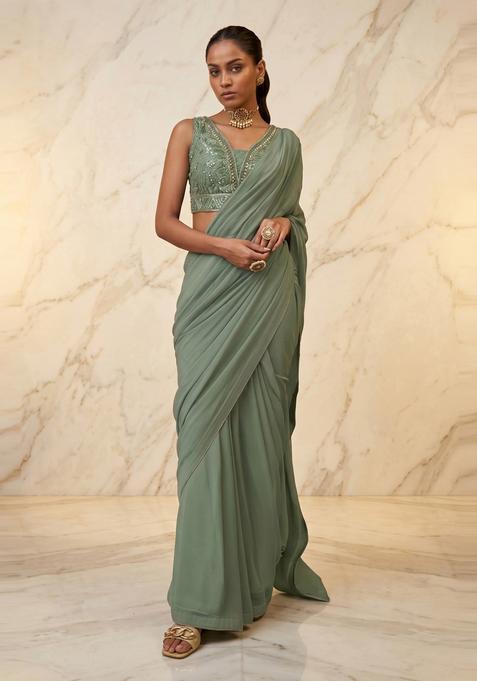 Sage Green Embroidered Handwork Pre Draped Saree Set
