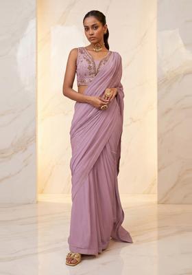 Lavender Embroidered Handwork Pre Draped Saree Set