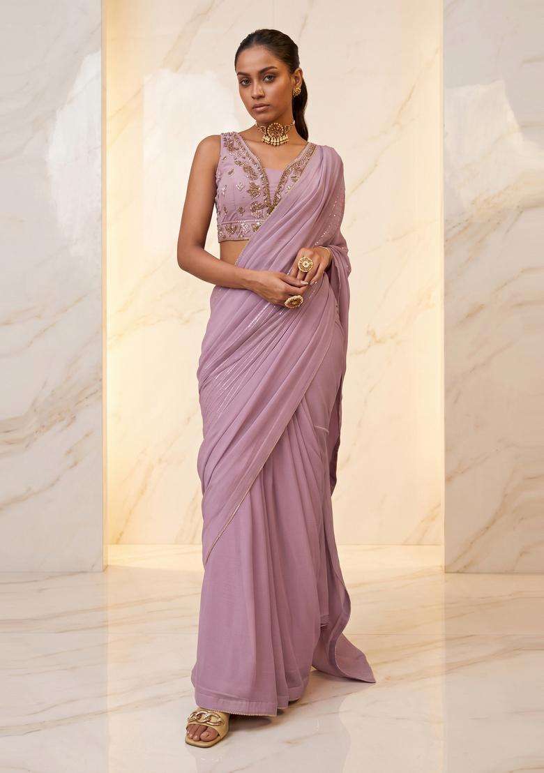 Lavender Embroidered Handwork Pre Draped Saree Set - Indya