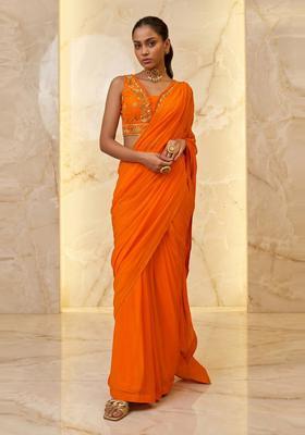 Orange Embroidered Handwork Pre Draped Saree Set