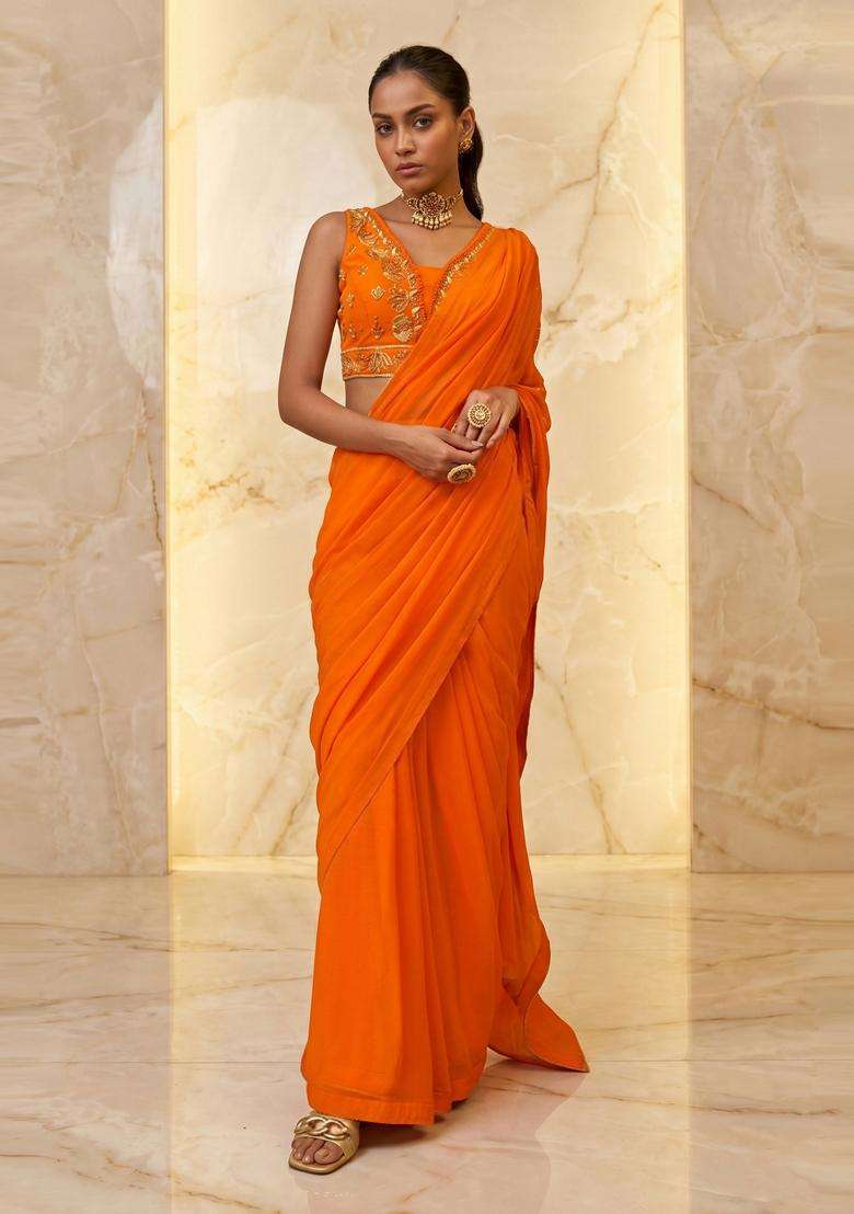 Orange Embroidered Handwork Pre Draped Saree Set - Indya