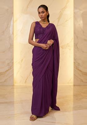 Purple Embroidered Handwork Pre Draped Saree Set