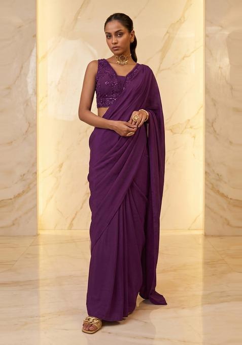 Purple Embroidered Handwork Pre Draped Saree Set