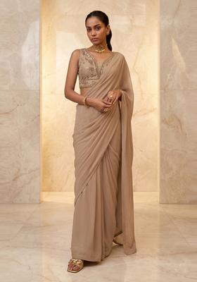 Beige Embroidered Handwork Pre Draped Saree Set