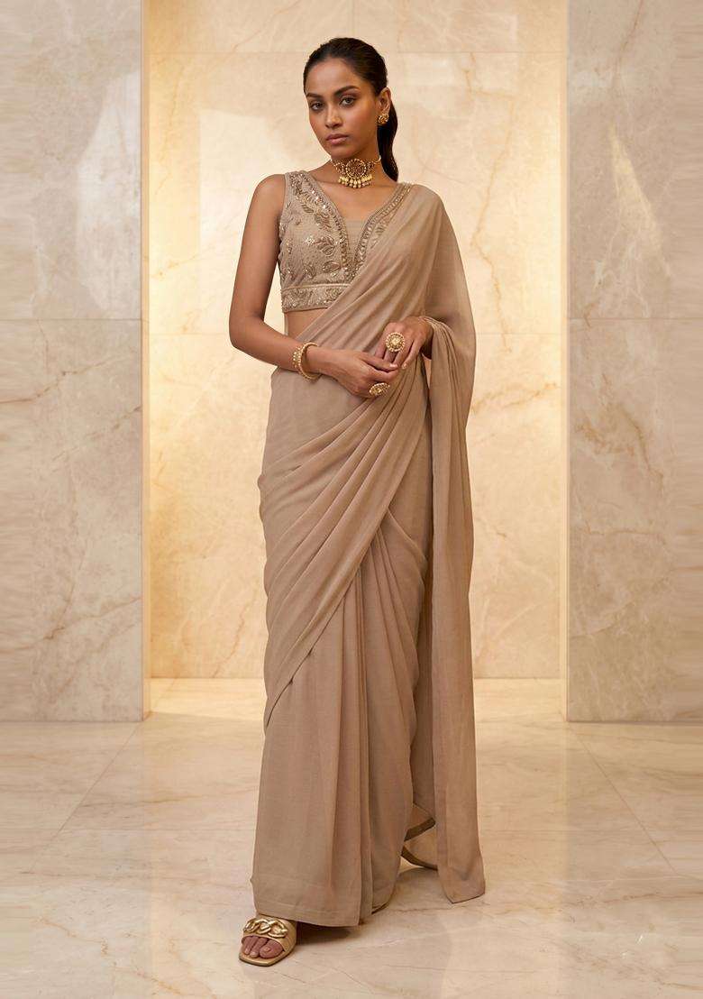 Beige Embroidered Handwork Pre Draped Saree Set - Indya