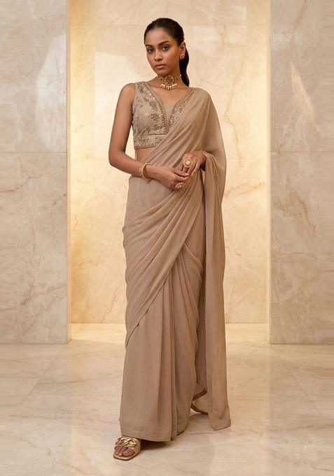 Beige Embroidered Handwork Pre Draped Saree Set