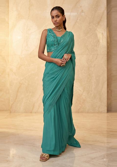Teal Embroidered Handwork Pre Draped Saree Set