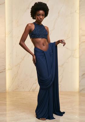 Navy Blue Embroidered Handwork Pre Draped Saree Set