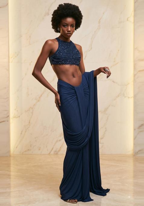 Navy Blue Embroidered Handwork Pre Draped Saree Set