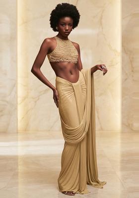 Champagne Gold Embroidered Handwork Pre Draped Saree Set