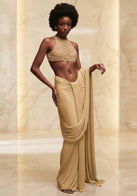 Champagne Gold Embroidered Handwork Pre Draped Saree Set