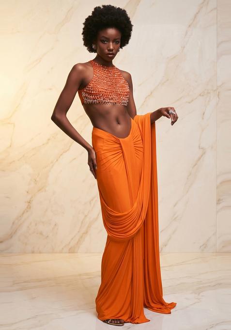Bright Orange Embroidered Handwork Pre Draped Saree Set