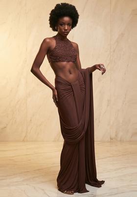 Chocolate Brown Embroidered Handwork Pre Draped Saree Set