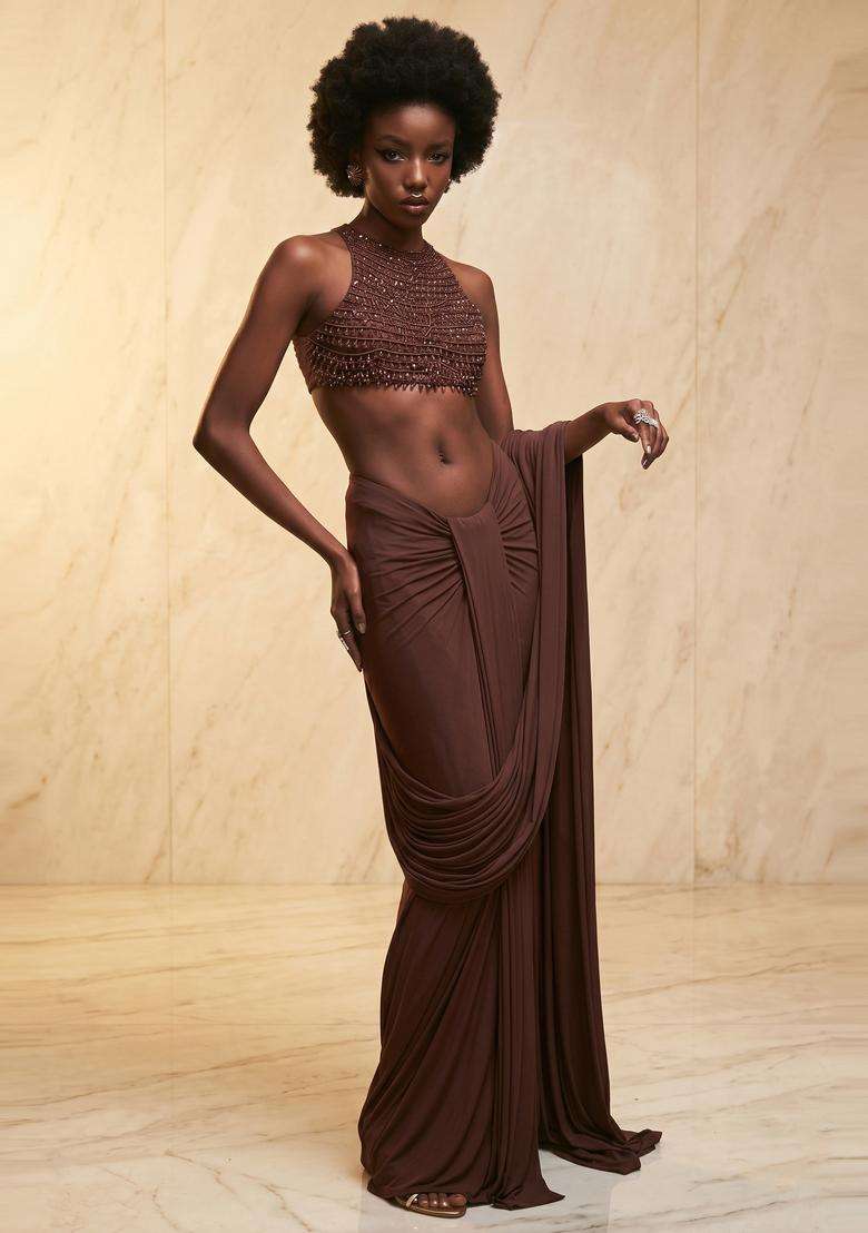 Chocolate Brown Embroidered Handwork Pre Draped Saree Set - Indya
