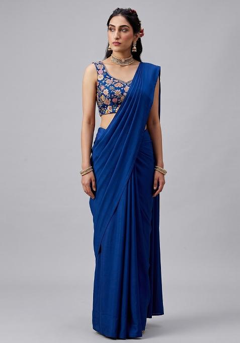 Cobalt Blue Printed Crepe Pre Draped Saree Set